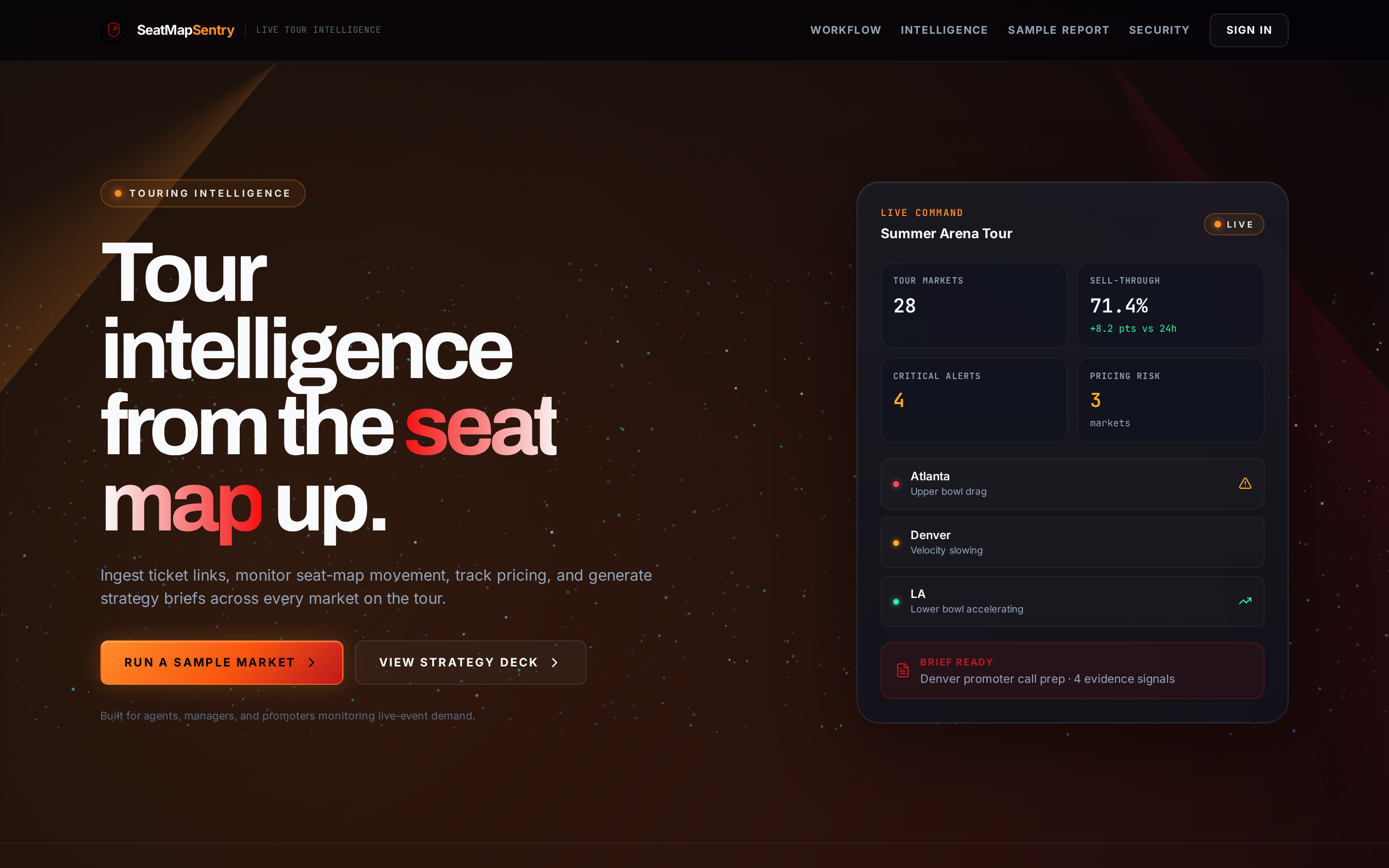 Interface preview of Seat Map Sentry — Touring intelligence for promoters and agents.