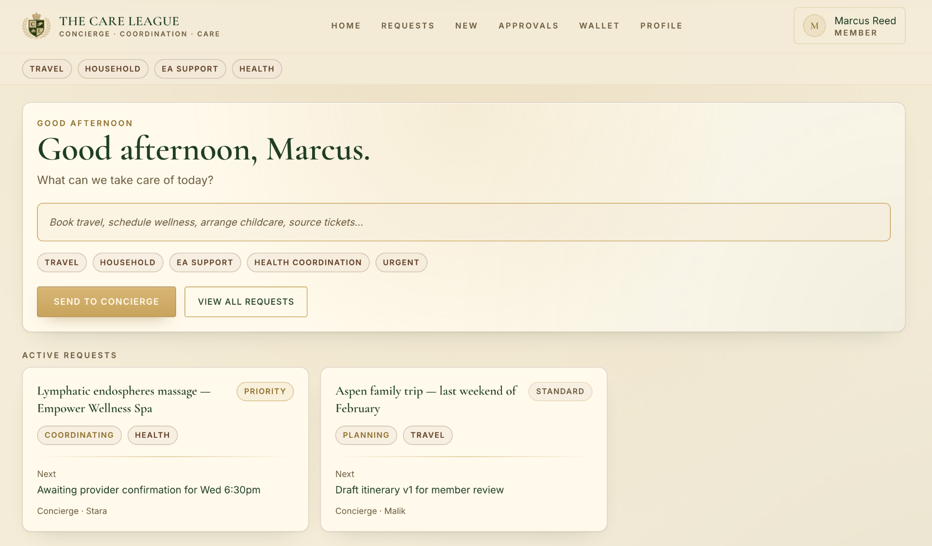 Interface preview of The Care League — Private care, lifestyle, and concierge operations platform.