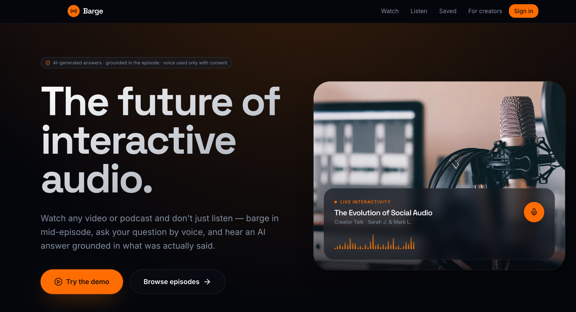 Interface preview of Barge — Interactive audio for podcasts and long-form video.