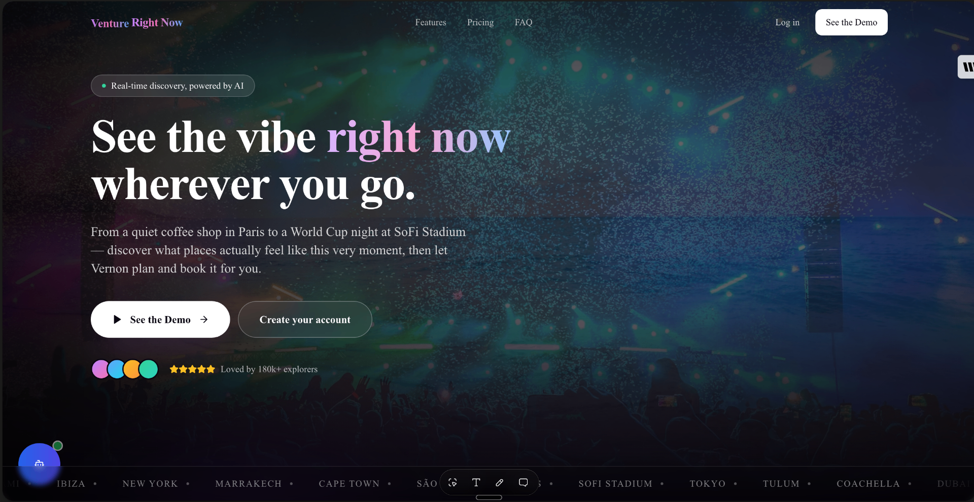 Interface preview of Vibe Right Now — Local discovery for what's happening around you.