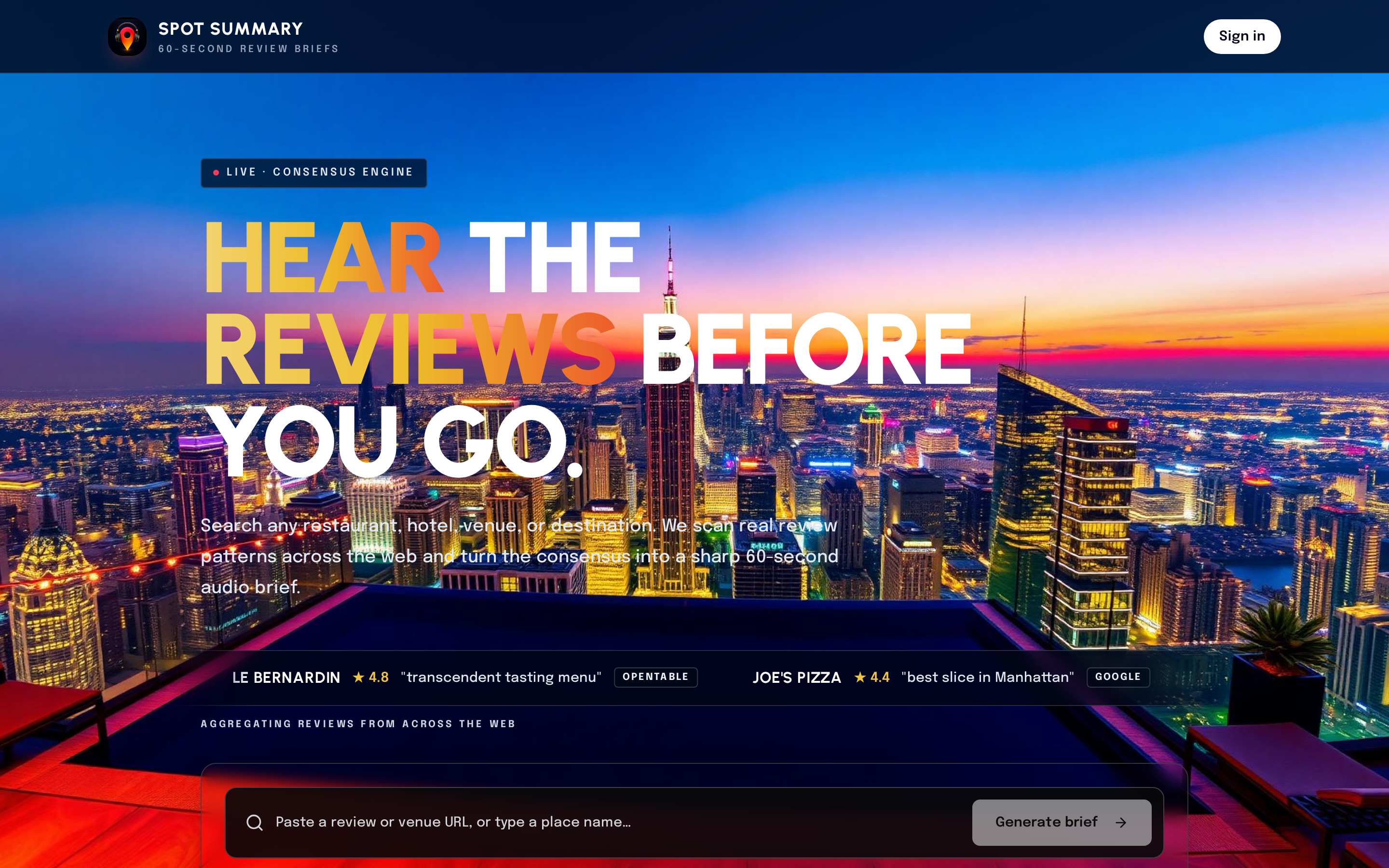 Interface preview of SpotSummary — Know the spot before you go.