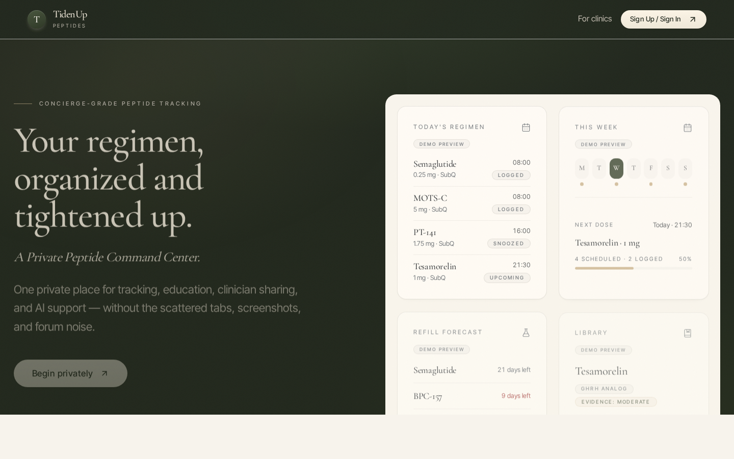 Interface preview of TidenUP — Clinic and wellness stack management.