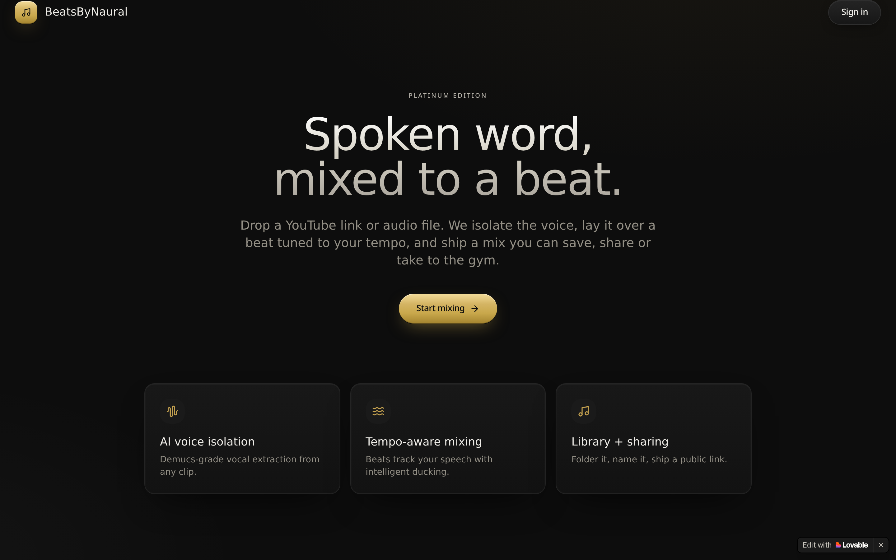 Interface preview of Beats by Naural — A focused workspace for building better beats.